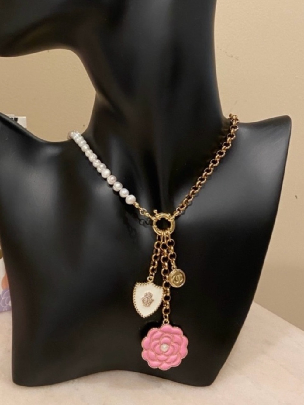 CHANEL Pink Camellia and Pearl Charm Necklace in Gold Tone